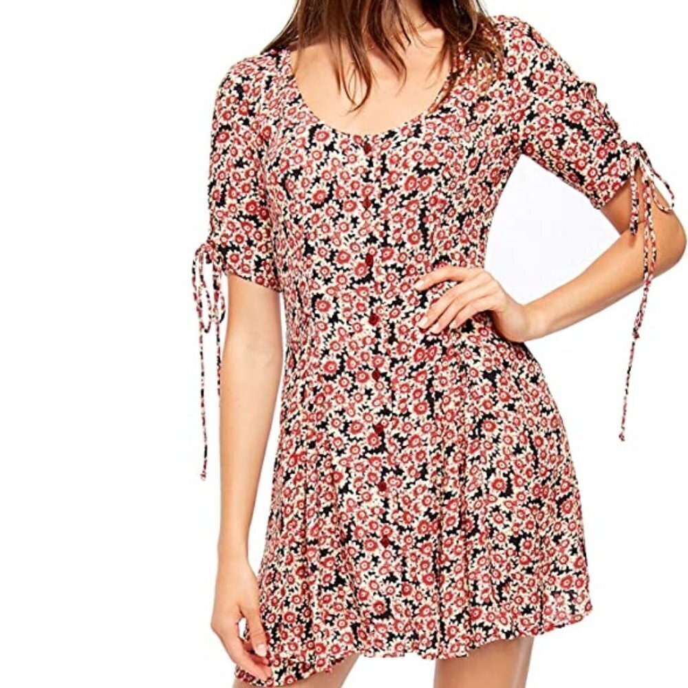 Free People Red Floral Lace Up Summer Short Dress Sz XS